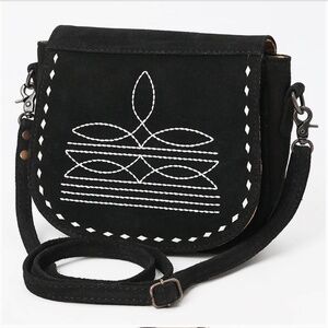 American Darling Black Genuine Suede Flap Crossbody Bag with White Southwestern